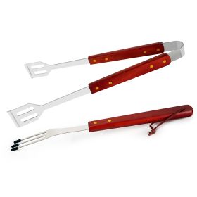4 Pcs BBQ Tools Set Stainless Steel w/ Wooden Handles Barbecue Outdoor Utensils Grill Accessories Including Spatula Fork Knife Tongs