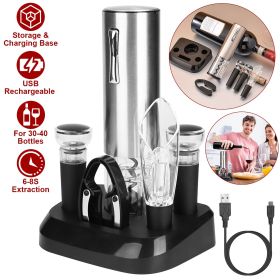 5-In-1 Electric Wine Opener Set USB Rechargeable Wine Corkscrew Bottle Opener Cordless Corkscrew Remover with Charging Base with Wine Pourer Vacuum St